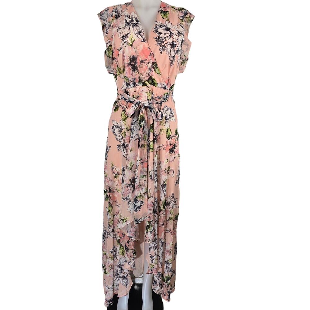 Eliza J Light Peach White Floral High Low Faux Wrap Top Belted Maxi Dress 4